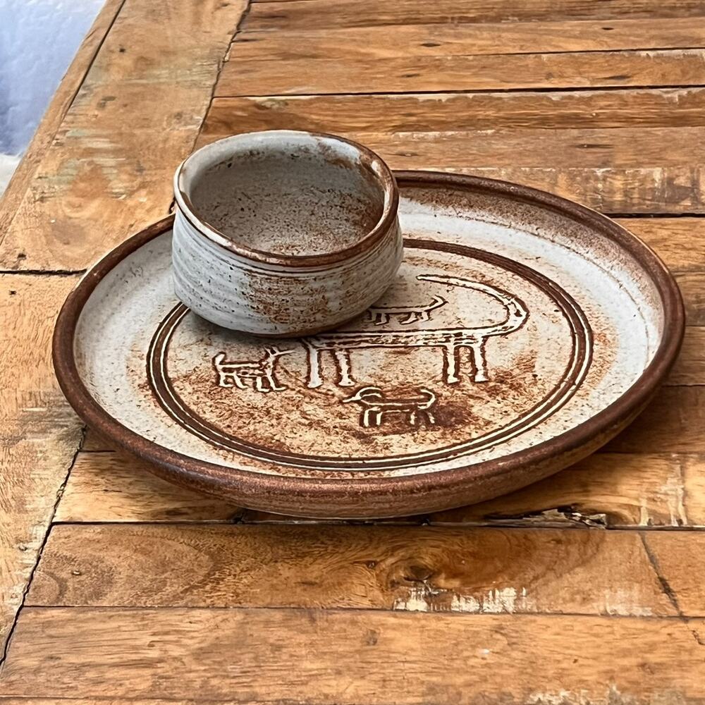 Vintage Chip and Dip Dish Studio Folk Art Stoneware Pottery Rustic Signed Judy
